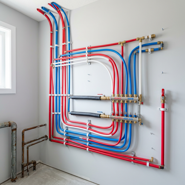 New vibrant PEX pipes installed on clean wall